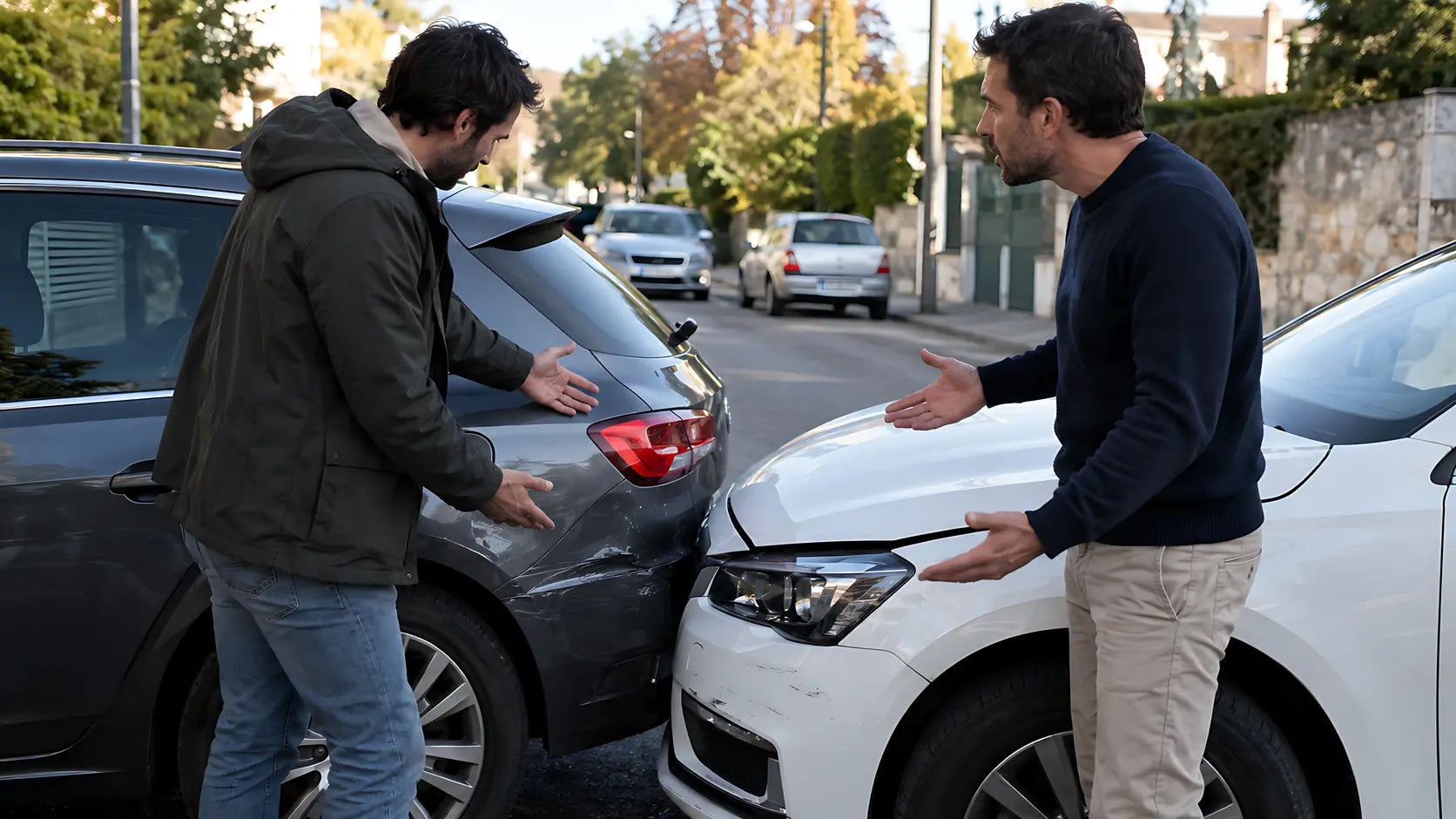 Deux conducteurs en désaccord à côté de leurs voitures après un accrochage