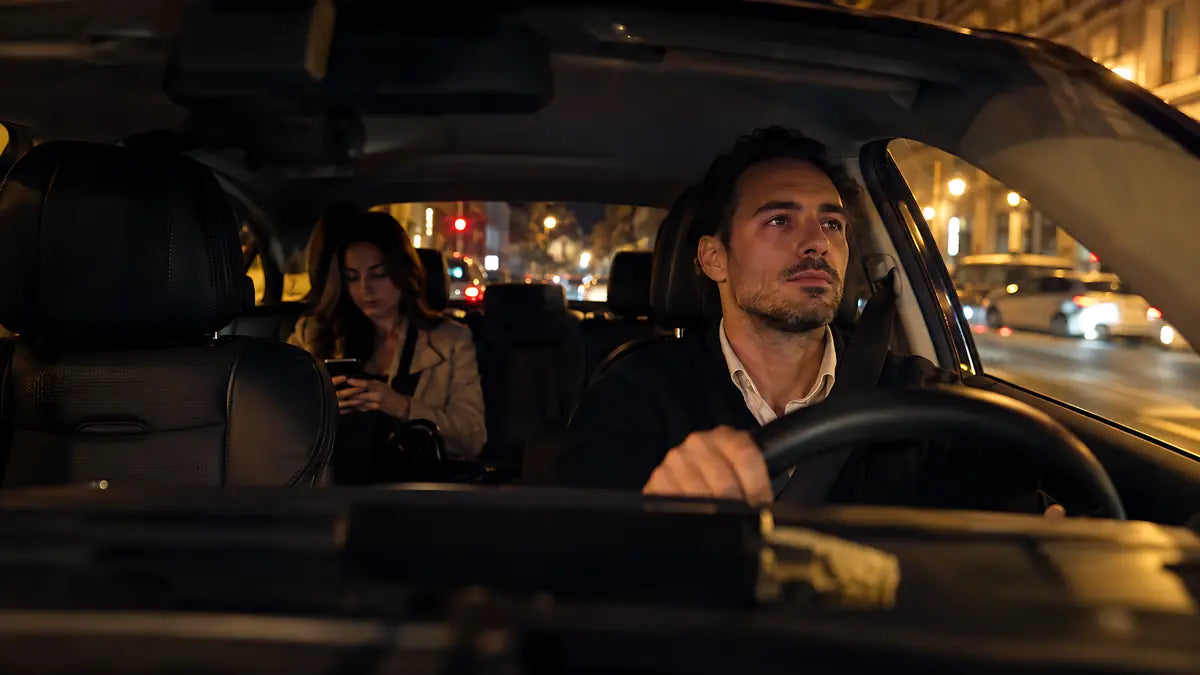 Chauffeur VTC de nuit, passager à l’arrière (reconstitution)