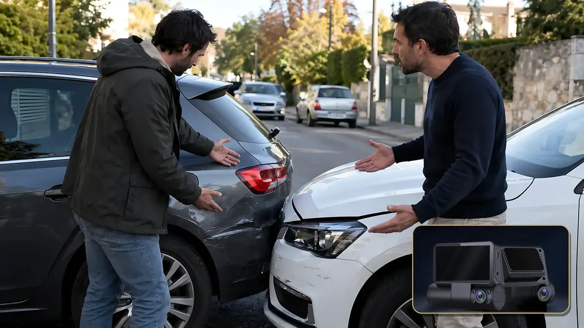 Deux conducteurs se disputent après un accrochage ; en médaillon, la dashcam AlibiCam (reconstitution)