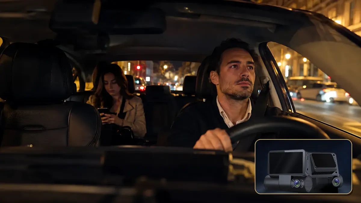 Chauffeur VTC de nuit avec une passagère ; en médaillon, la dashcam AlibiCam (reconstitution)