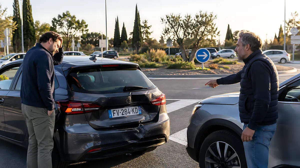 Accrochage sur un rond-point, deux voitures arrêtées (reconstitution)