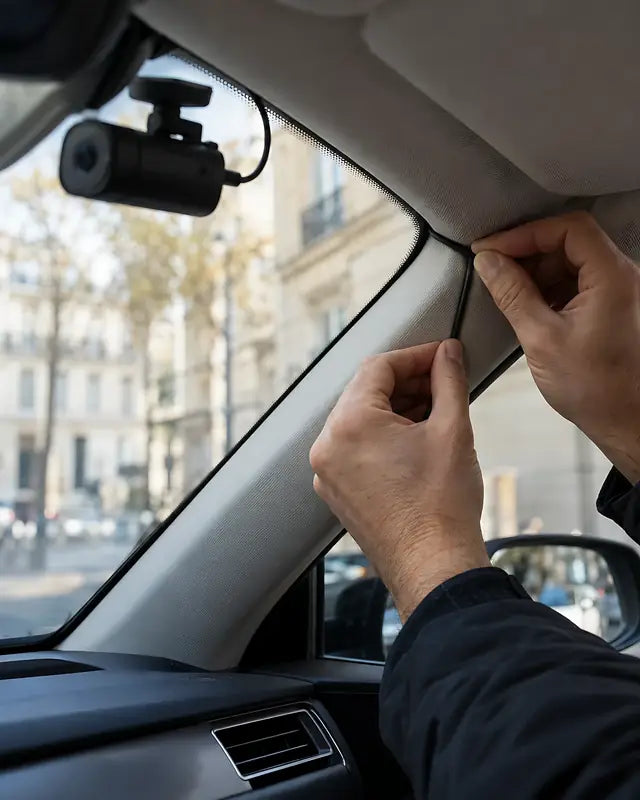 Mains glissant le câble de la dashcam le long du montant du pare-brise