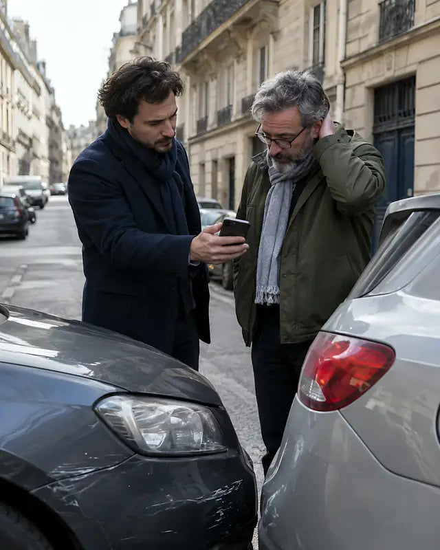Après un accrochage en ville, un conducteur montre la vidéo sur son téléphone à l’autre conducteur (reconstitution)
