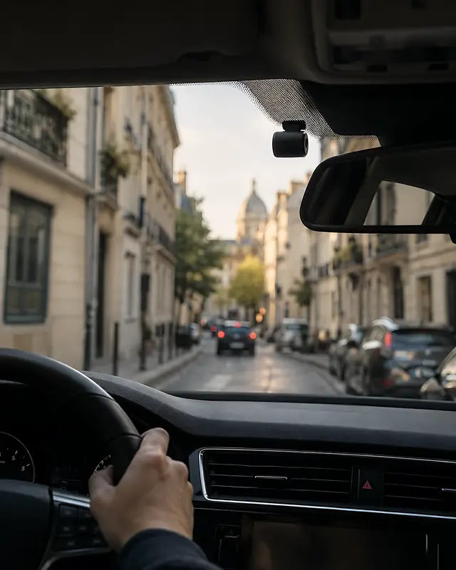 Conducteur en ville, dashcam installée derrière le rétroviseur