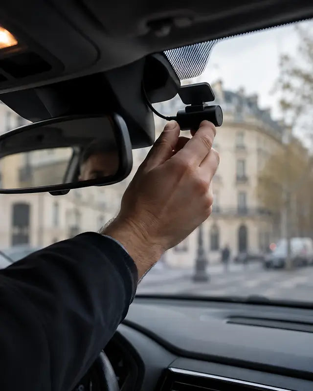 Main fixant une dashcam en haut du pare-brise, derrière le rétroviseur